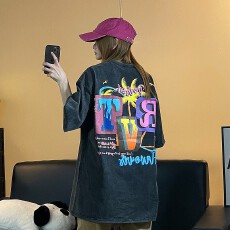 批发2025夏季美式复古潮牌热带椰树印花短袖<b class='q'>t</b><b class='q'>恤</b>男女宽松半袖