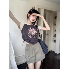 2026新款复古抽绳短袖T恤女夏季撞色字母印花短款修身显瘦上衣