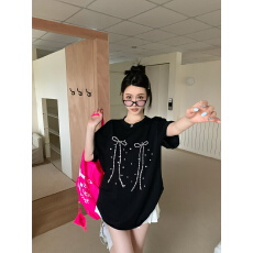 韩系珍珠蝴蝶结印花短袖T恤女装夏季设计感宽松休闲黑色圆领上衣