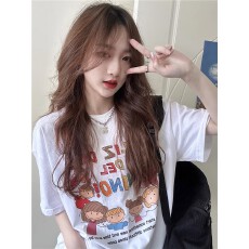 T恤女可爱卡通字母印花夏季韩版2026新款宽松圆领学生短袖上衣ins