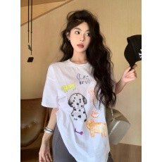 批发慵懒风卡通小狗印花<b class='q'>T</b><b class='q'>恤</b>女装早春休闲宽松<b class='q'>中长款</b>短袖上衣