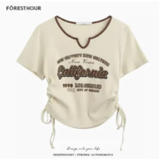 拾野森 夏装新款美式复古辣妹短款小众设计感抽绳印花短袖T恤上衣