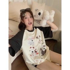 可爱狗狗印花短袖白色T恤女夏季慵懒风宽松休闲显瘦上衣