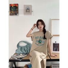 批发2026新款美式休闲直筒连衣裙女<b class='q'>装</b>夏季字母印花开叉宽松中长款裙子