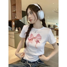 小众蝴蝶结印花圆领短袖T恤女夏季小个子短款修身chic甜辣小上衣