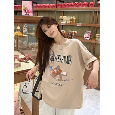 批发美式印花纯棉短袖<b class='q'>T</b><b class='q'>恤</b>女夏季2026新款chic慵懒风宽松休闲圆领上衣