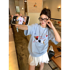 批发腊肠犬纯棉短袖T恤女夏季新款少女风宽松百搭中长款<b class='q'>上衣</b>潮印花