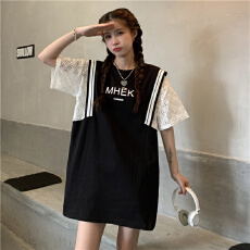 批发夏季新款韩版宽松字母印花镂空篮球服中长款短袖假两件女拼接字母