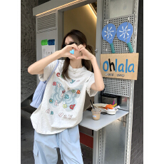 韩系蝴蝶字母印花短袖T恤女夏季2026新款减龄时尚宽松百搭上衣ins