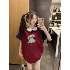 2026新款拼色短袖T恤女夏季美式复古小狗印花宽松中长款上衣潮ins