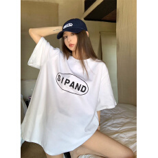 批发慵懒风字母印花短袖T恤女<b class='q'>装</b>秋季宽松休闲中长款套头上衣