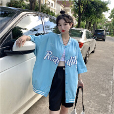 批发<b class='q'>韩版</b>宽松刺绣棒球服外套女嘻哈bf风半袖上衣ins潮