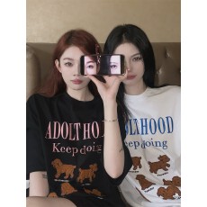 批发韩版字母卡通印花短袖<b class='q'>T</b><b class='q'>恤</b><b class='q'>女</b>装夏季复古设计感休闲宽松中长款上衣