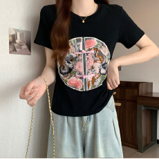 新中式国风刺绣正肩短袖T恤女早秋新款大码胖mm盘扣小衫唐装上衣