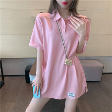 批发粉红色大版polo领短袖T恤女夏2026新款设计感小众<b class='q'>中长款</b>宽松上衣