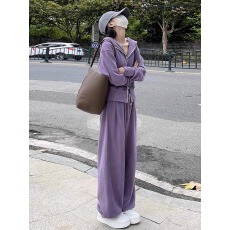 批发紫色休闲<b class='q'>运动</b>套装女秋冬纯棉宽松慵懒风连帽卫衣卫裤长裤子两件套