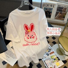 可爱兔子印花短袖T恤女夏季设计感立体花朵体恤韩系chic别致上衣