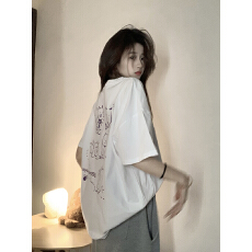 批发后背印花纯棉短袖T恤<b class='q'>女</b>夏季新款设计感时尚宽松休闲百搭圆领上衣