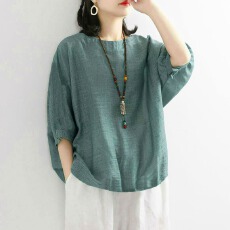 棉麻苎麻上衣女妈妈夏装2026新款大码显瘦气质亚麻高端七分袖T恤