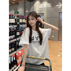 批发韩系慵懒风白色纯棉短袖T恤女夏季趣味印花圆领宽松<b class='q'>休闲</b>正肩上衣