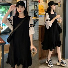 批发胖mm短袖连衣裙宽松中长款百搭拼接蝙蝠袖显瘦T恤裙女<b class='q'>夏</b>