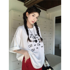 批发韩系慵懒休闲短袖<b class='q'>T</b><b class='q'>恤</b>女夏季新款立体字母<b class='q'>印花</b>宽松中长款上衣潮