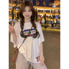 批发韩系休闲短袖<b class='q'>T</b><b class='q'>恤</b>女夏季新款设计感小众字母<b class='q'>印花</b>宽松百搭圆领上衣