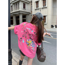 美式字母涂鸦印花短袖T恤女夏季设计感宽松休闲百搭圆领粉色上衣