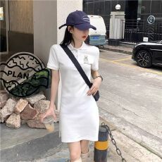 批发polo连衣裙女夏2026新款中长款学院风修身显瘦小熊刺绣短袖T恤裙