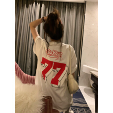 批发77字母印花短袖t恤女<b class='q'>中长款</b>大版宽松休闲慵懒风白色纯棉内搭上衣