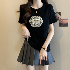 批发新中式国风唐装刺绣黑色盘扣短袖<b class='q'>T</b><b class='q'>恤</b>女夏季大码胖mm显瘦正肩上衣