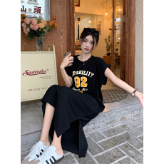 批发韩版字母印花圆领中长款宽松百搭休闲短袖T恤连衣裙