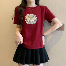 批发<b class='q'>大码</b>胖mm新中式刺绣短袖T恤女士2026年早秋季装新款显瘦国风上衣