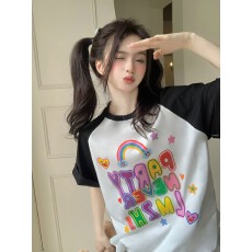 批发2026新款彩色字母印花T恤女<b class='q'>夏</b>季甜美设计感撞色宽松百搭短袖上衣