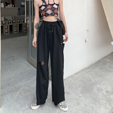 批发辣妹炸街破洞裤女<b class='q'>春</b>季新款韩版高腰显瘦休闲裤网红阔腿长裤ins潮