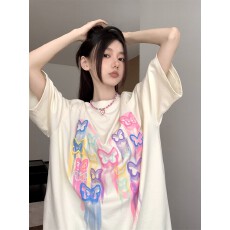 批发蝴蝶印花设计感短袖T恤<b class='q'>女</b>夏高中初中学生<b class='q'>大</b><b class='q'>童</b>中长款圆领上衣ins风