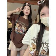 卡通小熊印花T恤女夏季2026新款复古宽松休闲减龄设计感短袖上衣