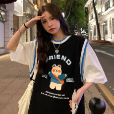 批发假两件短袖<b class='q'>t</b><b class='q'>恤</b>女夏季中长款宽松设计感篮球服上衣蓝球<b class='q'>T</b><b class='q'>恤</b>