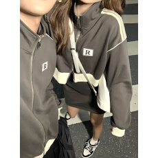 批发短款卫衣女深灰色开衫立领棒球服外套春秋季薄款辣妹美式复古上衣