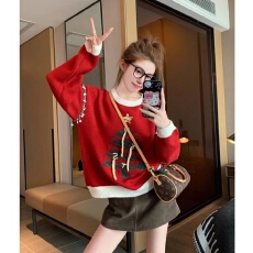 批发红色设计感圣诞毛衣女秋冬加厚软糯慵懒复古休闲新年针织打底上衣