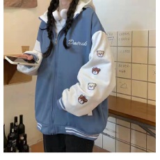 批发蓝色连帽<b class='q'>外套女</b>冬学生棒球服可爱卡通bf原宿风拉链开衫卫衣潮