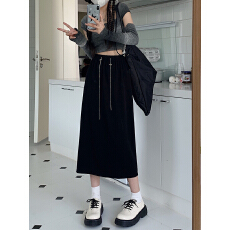 2026新款松紧高腰半身裙女秋季韩版中长款显瘦设计感黑色A字裙子