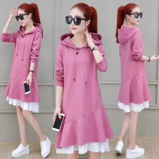 批发胖mm2026秋冬新款宽松显瘦连衣裙时尚大码中长款鱼尾连帽卫衣裙女