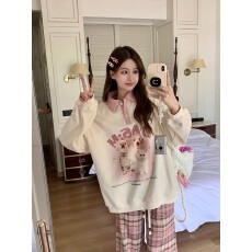 polo领长袖卫衣女秋季2026新款学院风卡通印花宽松中长款撞色上衣