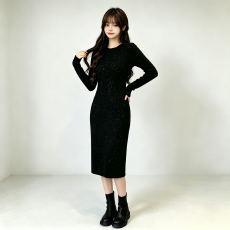 批发黑色长袖开叉连衣裙女 早秋修身<b class='q'>显瘦</b>长款过膝包臀打底内搭长裙