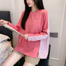 批发2026年新款侧拼条纹长袖 <b class='q'>T</b> <b class='q'>恤</b>女秋季宽松圆领中长款休闲上衣