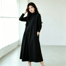 批发半<b class='q'>高领</b>长袖<b class='q'>连衣裙</b>女秋季新款宽松显瘦长款 A 字大摆长裙带口袋