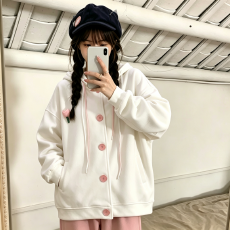 批发韩系甜美风连帽卫衣<b class='q'>开衫</b>女<b class='q'>秋季</b>落肩宽松粉色扣子休闲百搭外套