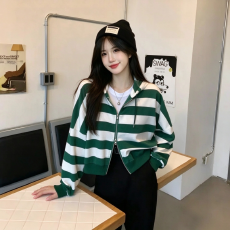 批发绿白条纹连帽拉链外套女春秋韩系休闲<b class='q'>卫衣</b><b class='q'>开衫</b>小个子显高长袖上衣