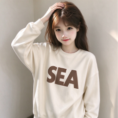 批发早秋字母 SEA 印花圆领卫衣女宽松休闲套头长袖上衣简约百搭
